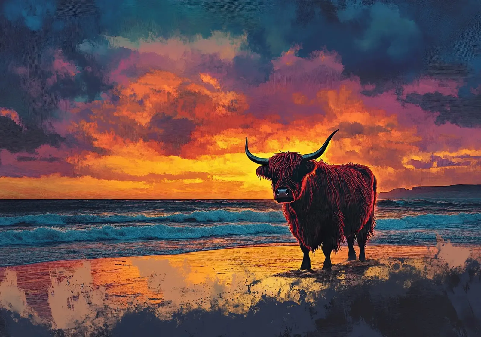 Mucca Highland am Strand pellicola backlit da Nikis Art Studio
