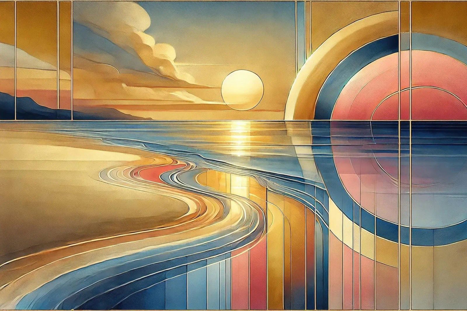 Sundown Serenity Scene in Art Deco poster by Chromatic Fusion Studio