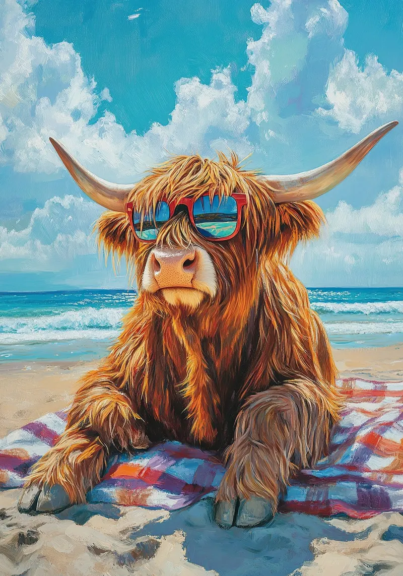 Mucca Highland am Strand pellicola backlit da Nikis Art Studio