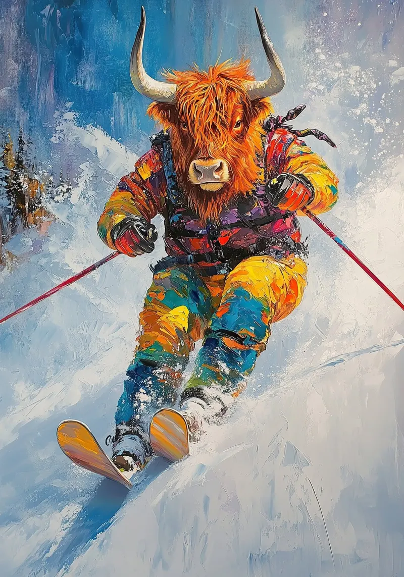Highland Cow Sci Sport invernali Neve invernale poster da Nikis Art Studio