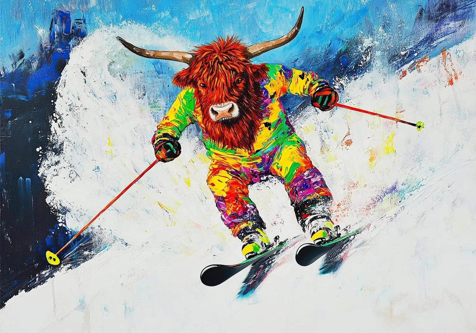Highland Cow Sci Sport invernali Neve invernale poster da Nikis Art Studio