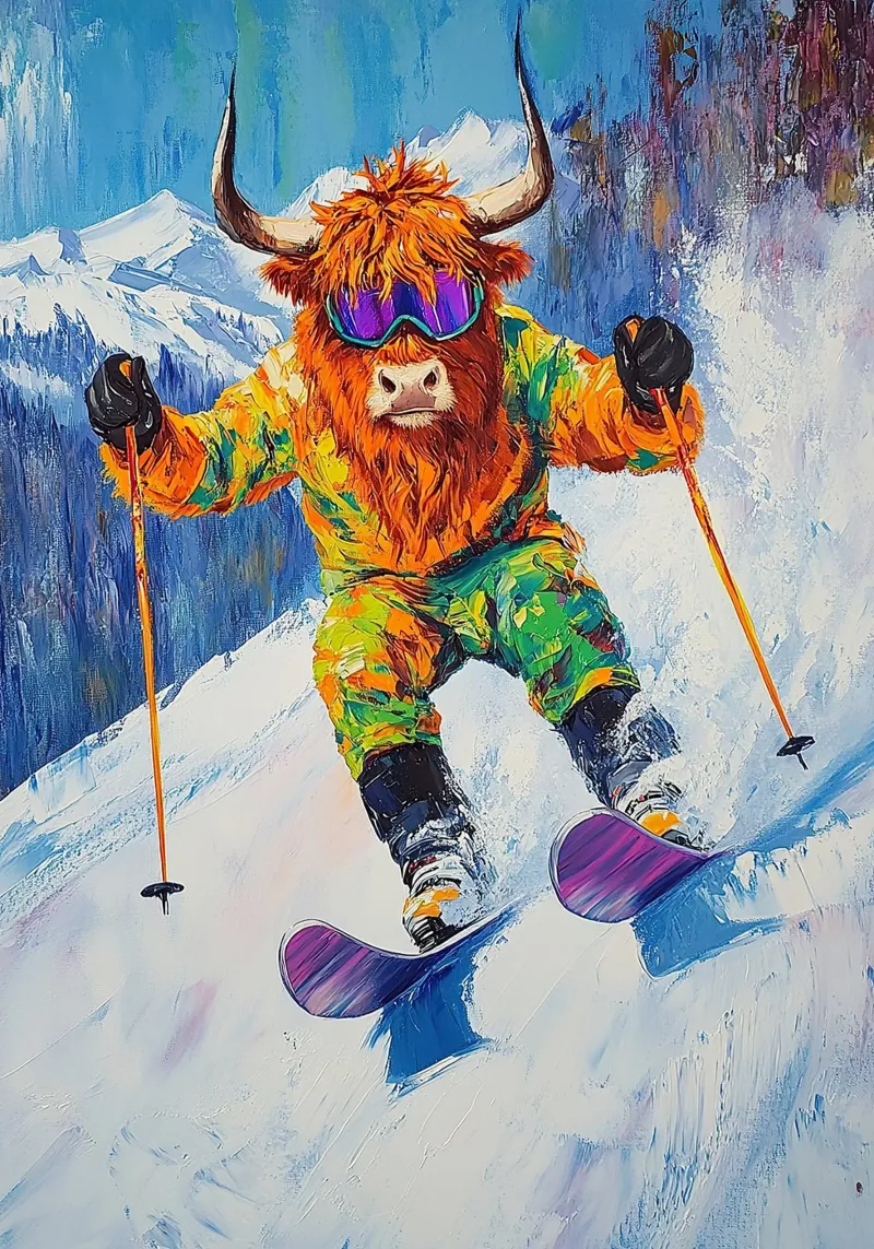 Highland Cow Sci Sport invernali Neve invernale poster da Nikis Art Studio