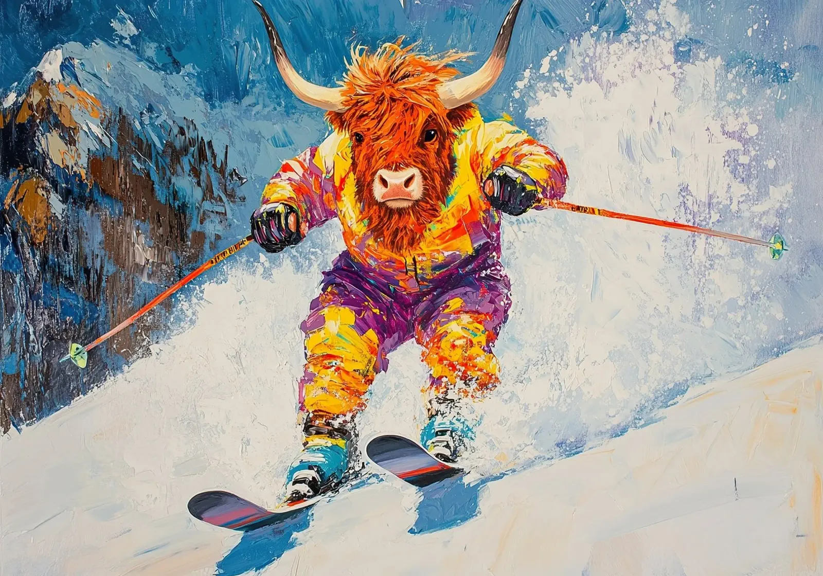Highland Cow Sci Sport invernali Neve invernale poster da Nikis Art Studio