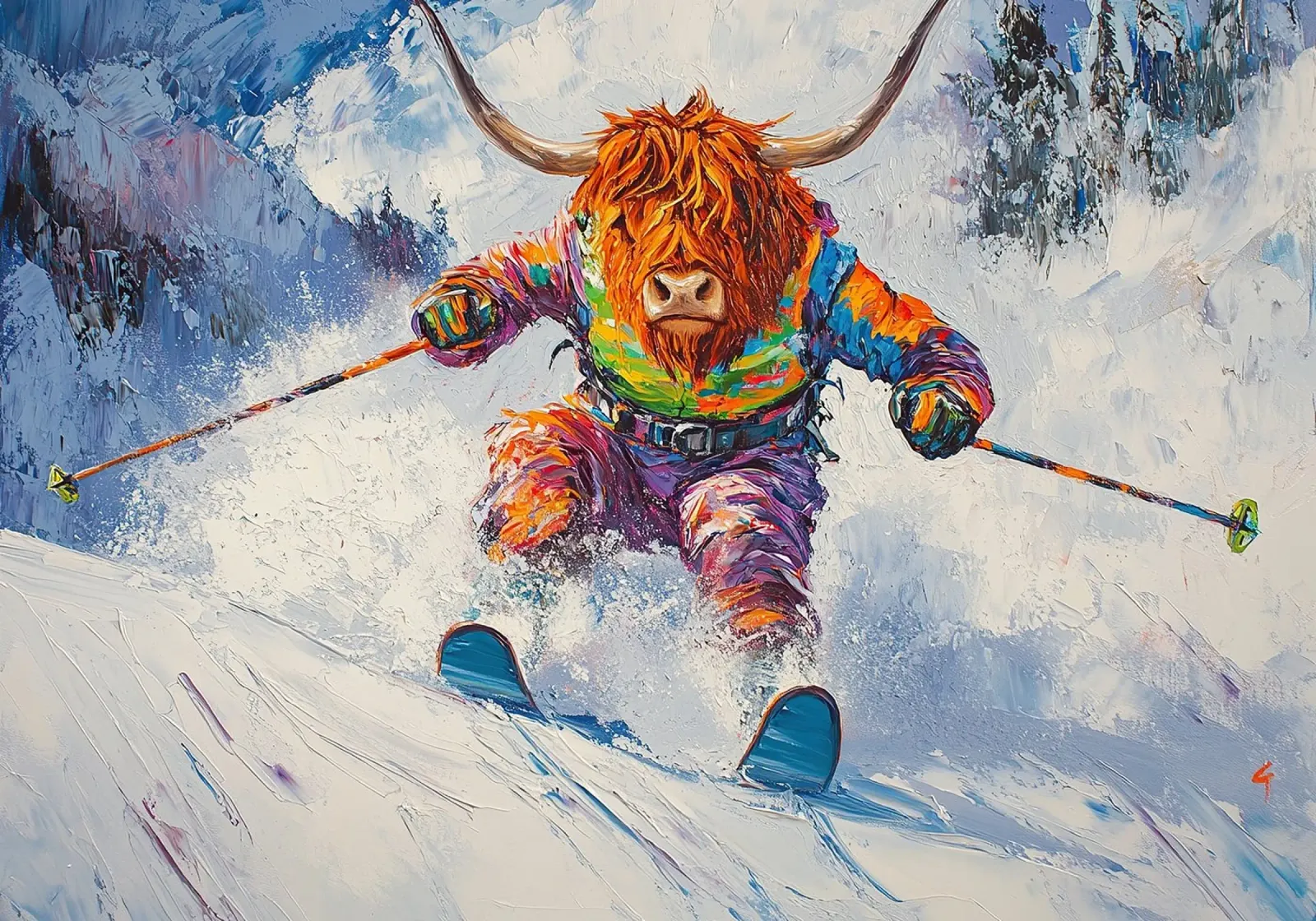 Highland Cow Sci Sport invernali Neve invernale poster da Nikis Art Studio
