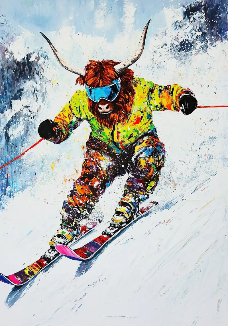 Highland Cow Sci Sport invernali Neve invernale poster con telaio in legno da Nikis Art Studio