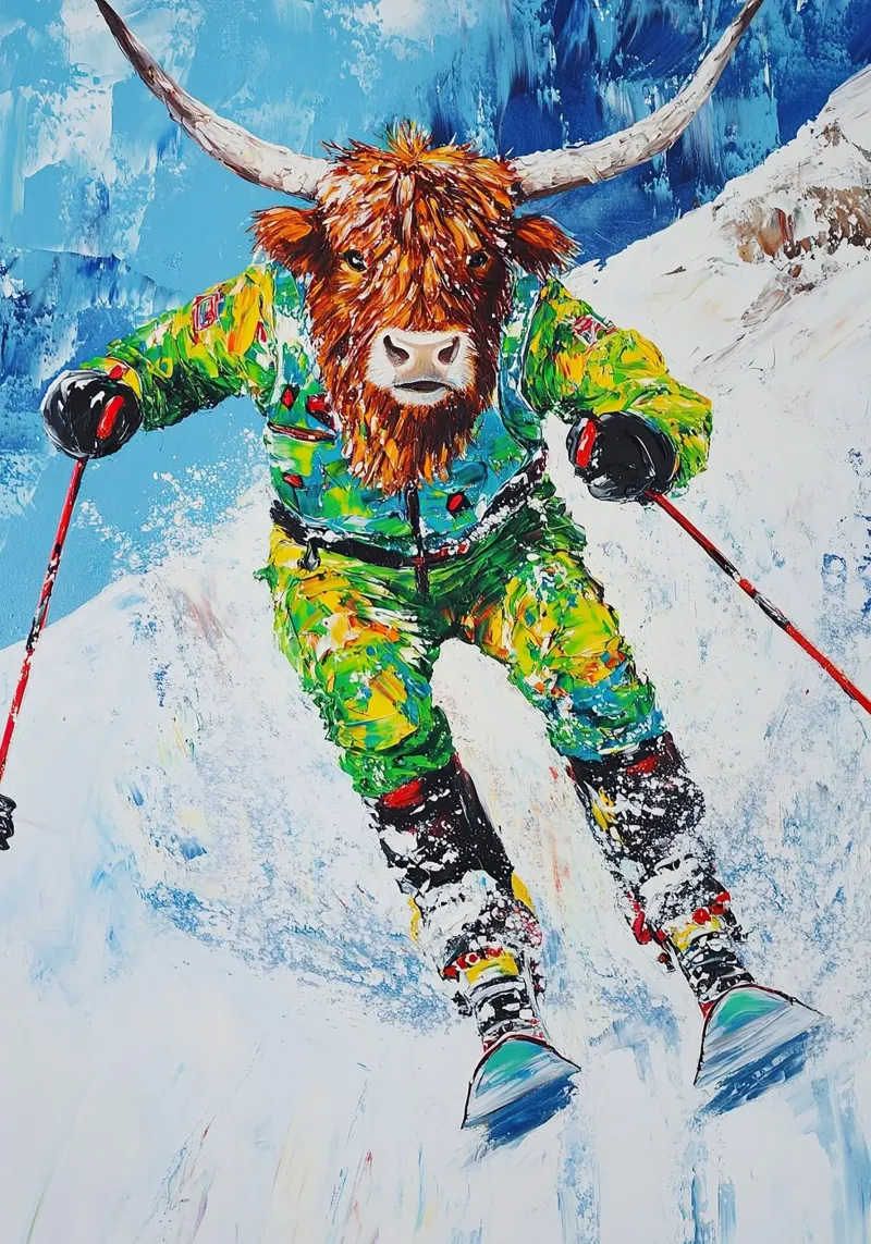 Highland Cow Sci Sport invernali Neve invernale poster con telaio in legno da Nikis Art Studio