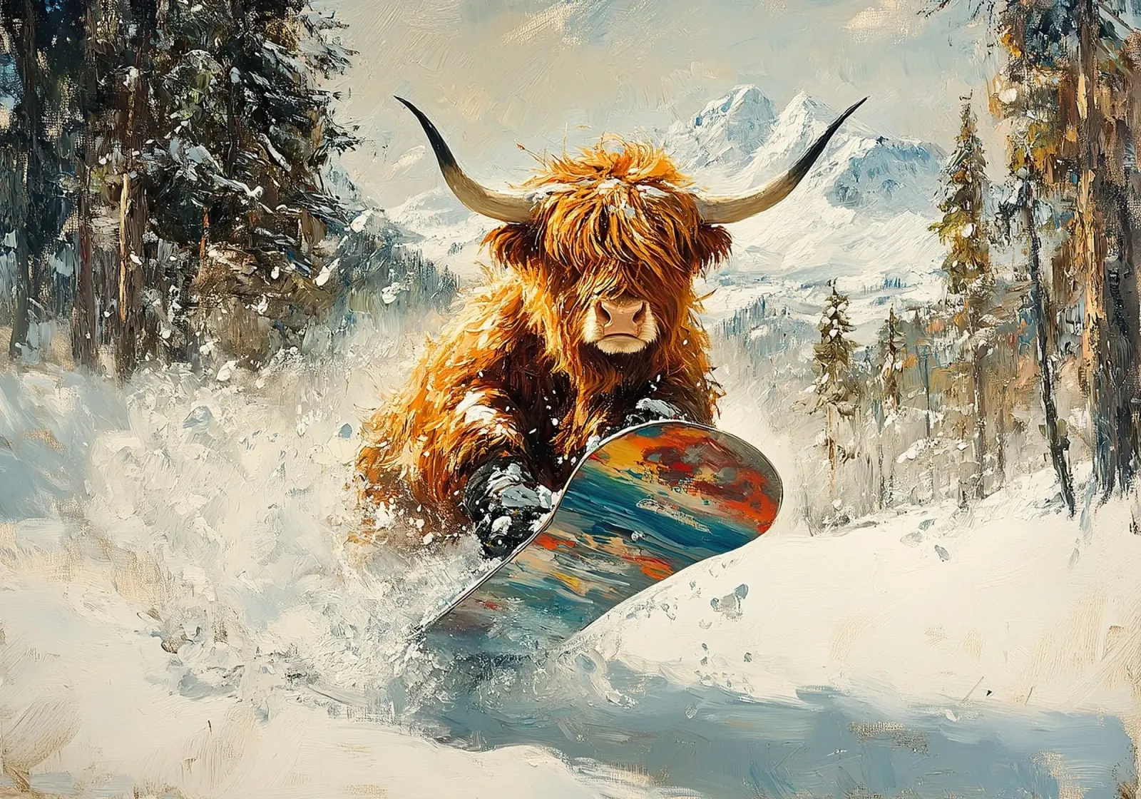 Highland Cow Snowboard Wintersport Winter Schnee alluminio dibond da Nikis Art Studio