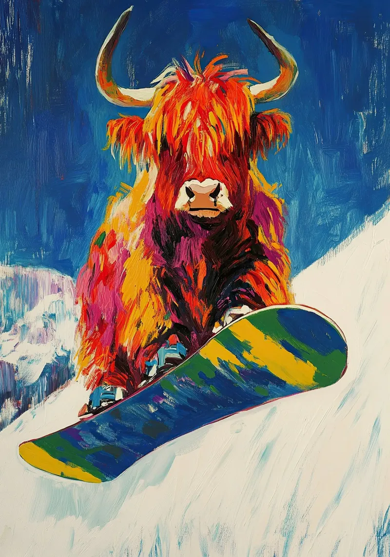 Highland Vaca Snowboard Wintersport Invierno Schnee lienzo con Marco flotante de Nikis Art Studio