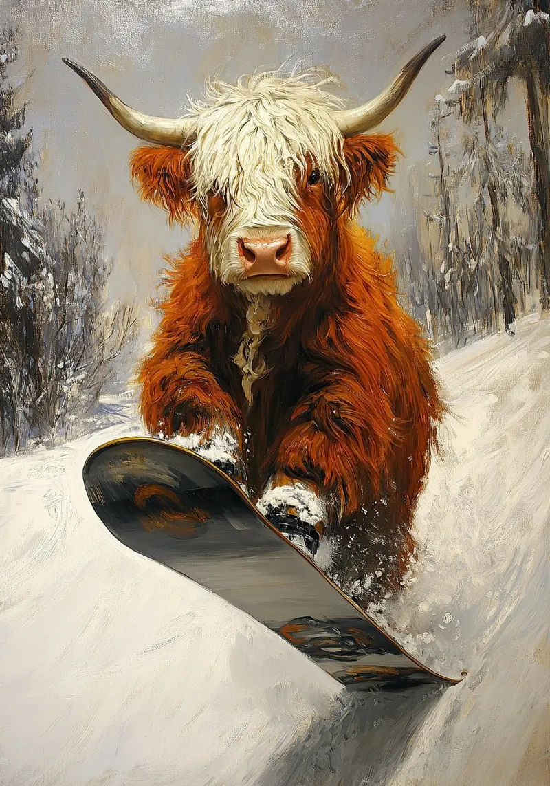 Highland Vaca Snowboard Wintersport Invierno Schnee lienzo con Marco flotante de Nikis Art Studio