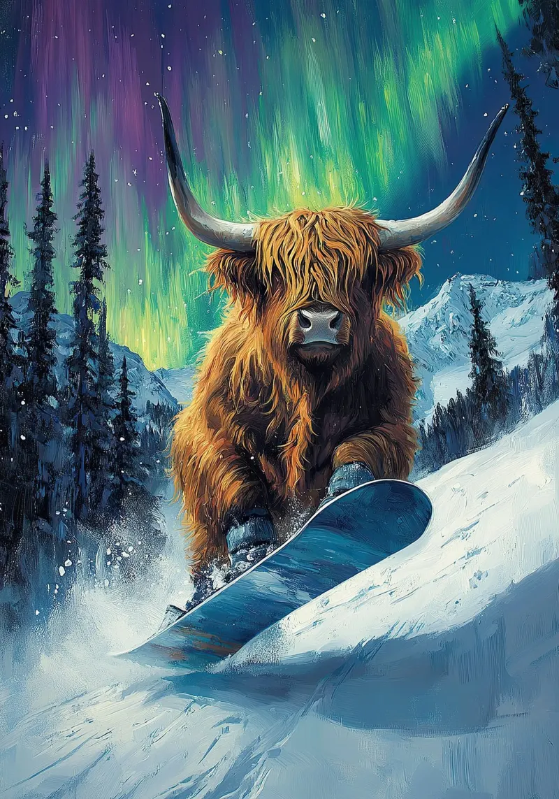 Highland Vaca Snowboard Wintersport Invierno Schnee lienzo con Marco flotante de Nikis Art Studio