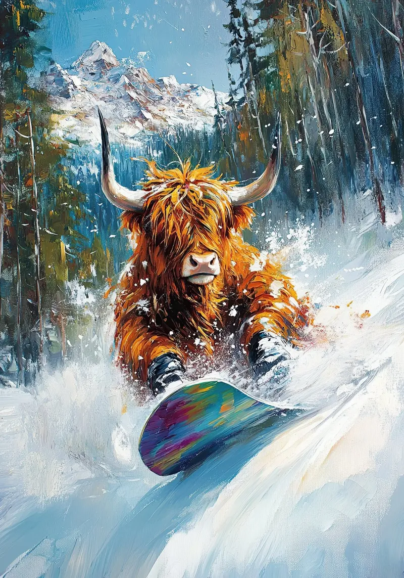 Highland Cow Snowboard Wintersport Winter Schnee poster da Nikis Art Studio