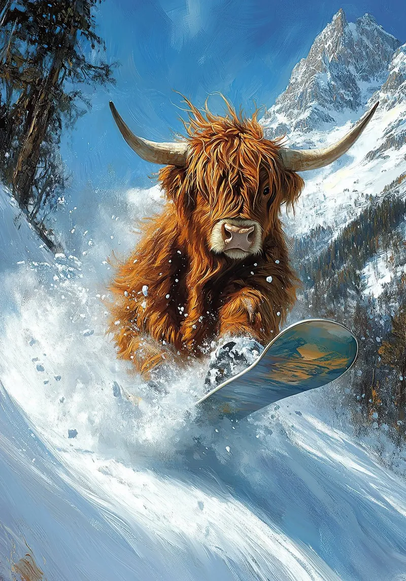 Highland Vaca Snowboard Wintersport Invierno Schnee lienzo con Marco flotante de Nikis Art Studio