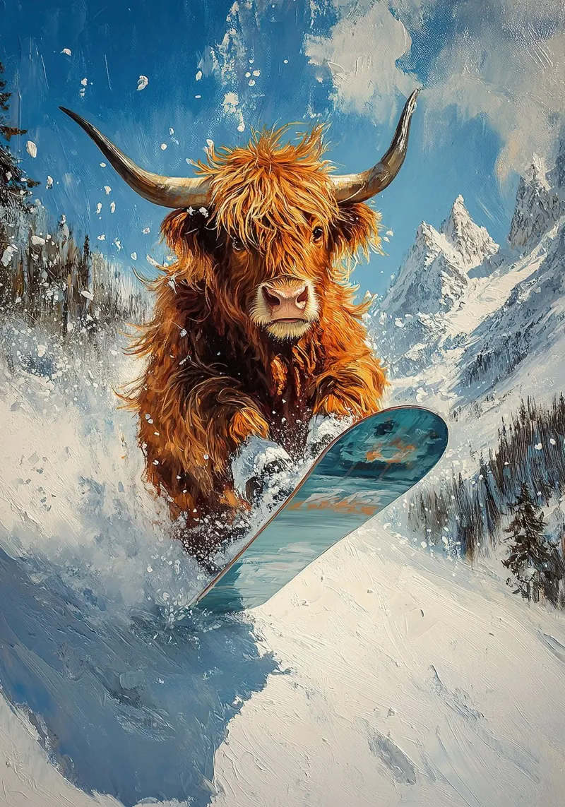Highland Vaca Snowboard Wintersport Invierno Schnee lienzo con Marco flotante de Nikis Art Studio