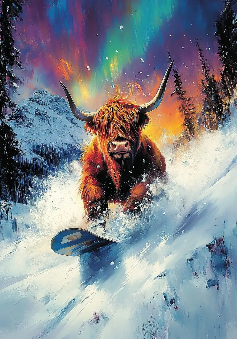 Highland Vaca Snowboard Wintersport Invierno Schnee lienzo con Marco flotante de Nikis Art Studio