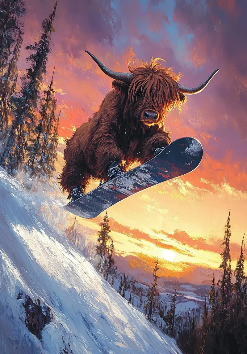 Highland Vaca Snowboard Wintersport Invierno Schnee lienzo con Marco flotante de Nikis Art Studio