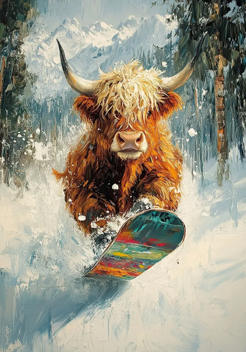 Highland Vaca Snowboard Wintersport Invierno Schnee lienzo con Marco flotante de Nikis Art Studio