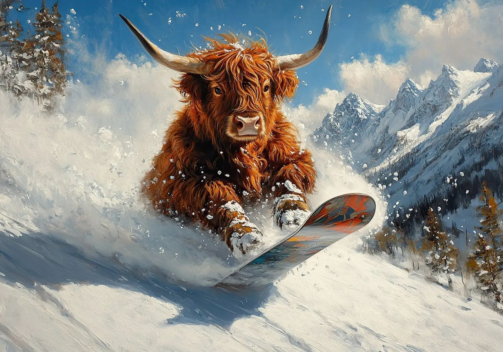 Highland Vaca Snowboard Wintersport Invierno Schnee lienzo con Marco flotante de Nikis Art Studio
