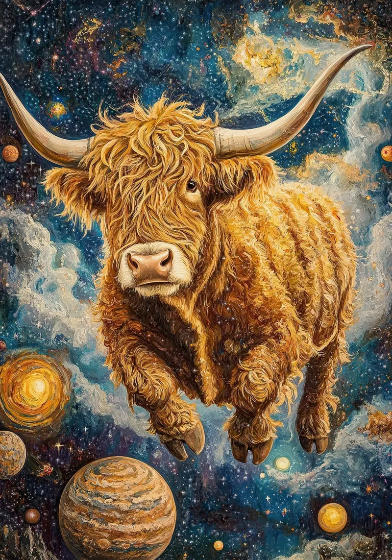 Mucca Highland Viaggi nello spazio poster con telaio in alluminio da Nikis Art Studio