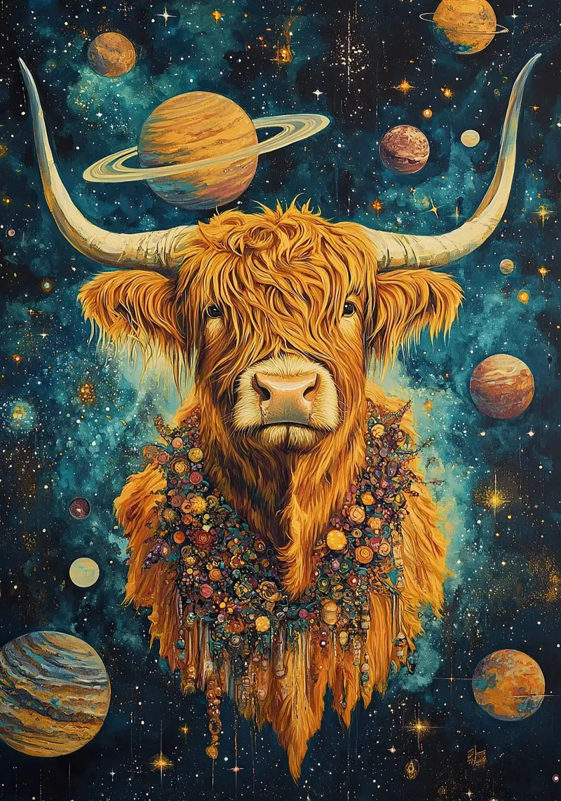 Mucca Highland Viaggi nello spazio poster da Nikis Art Studio