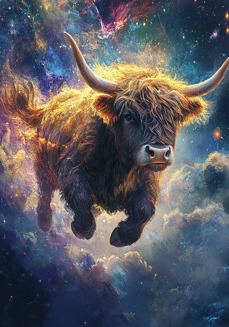 Mucca Highland Viaggi nello spazio poster da Nikis Art Studio