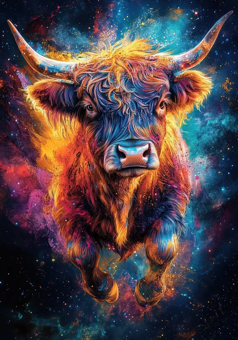 Mucca Highland Viaggi nello spazio poster da Nikis Art Studio