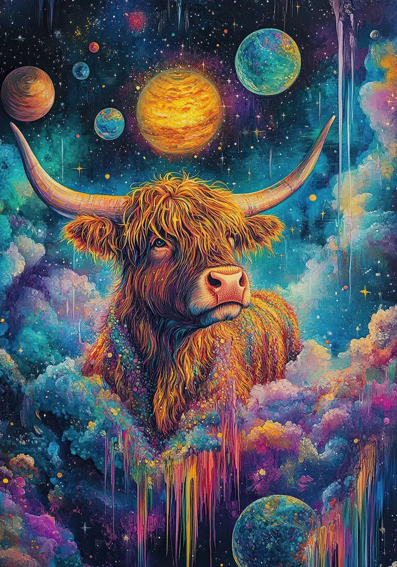 Mucca Highland Viaggi nello spazio poster da Nikis Art Studio