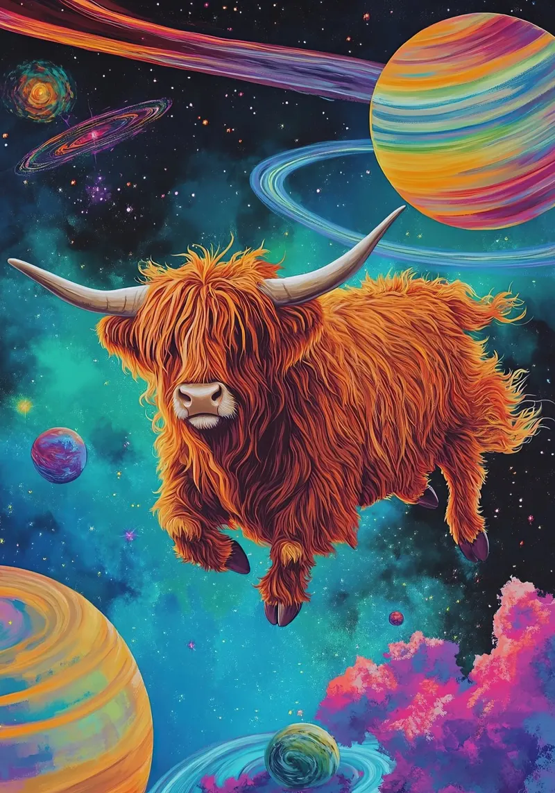 Mucca Highland Viaggi nello spazio poster da Nikis Art Studio