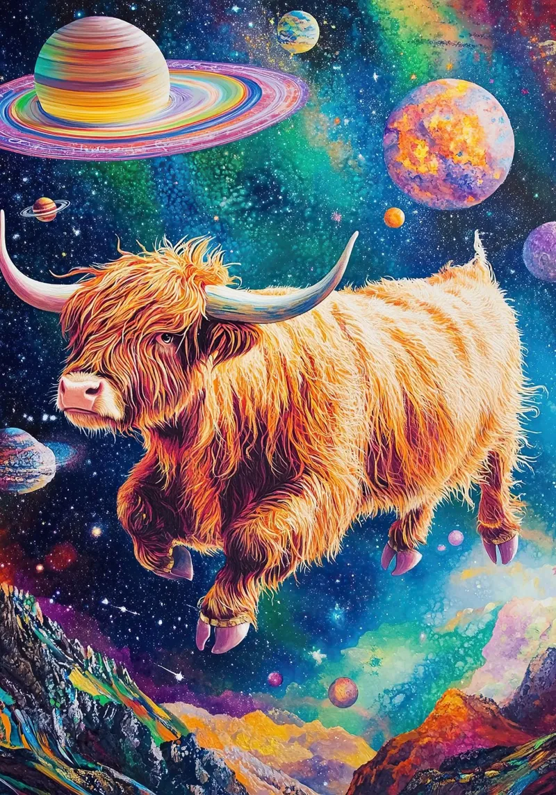 Mucca Highland Viaggi nello spazio carta hahnemühle da Nikis Art Studio