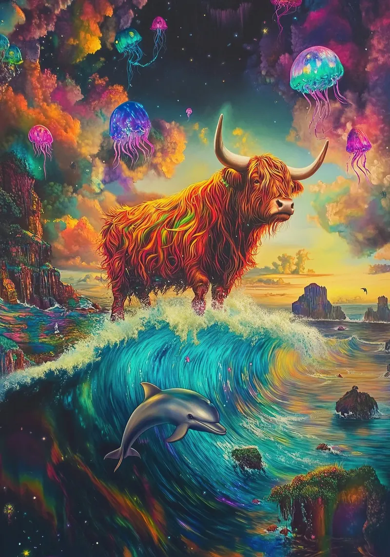 Mucca Highland Viaggi nello spazio poster da Nikis Art Studio