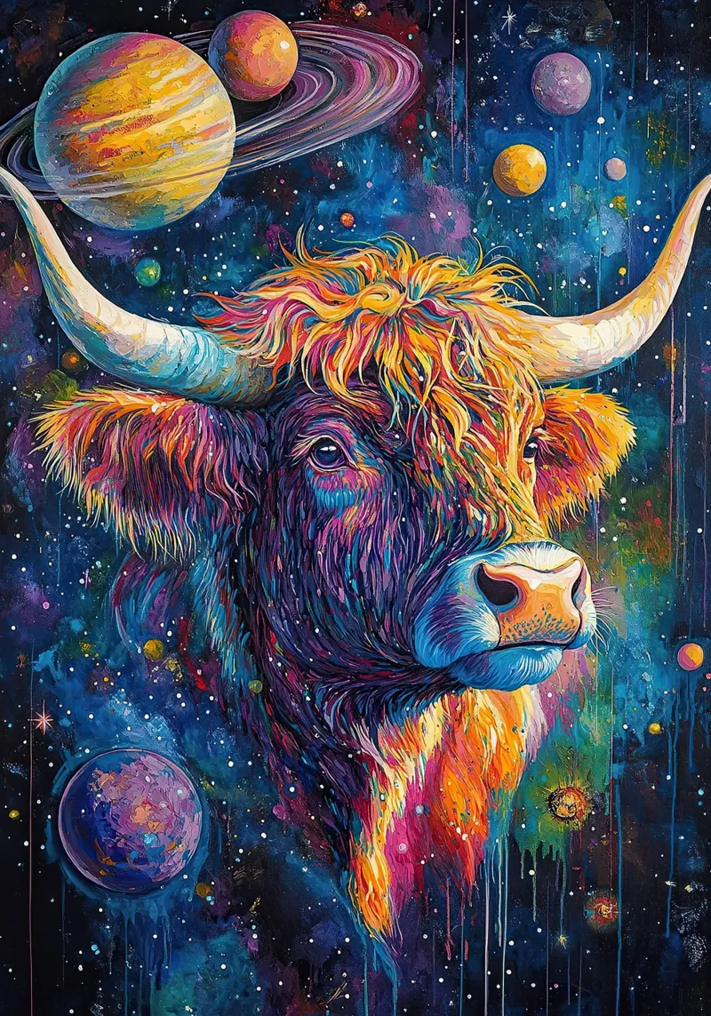 Mucca Highland Viaggi nello spazio poster da Nikis Art Studio