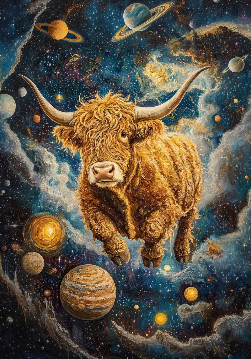 Mucca Highland Viaggi nello spazio poster da Nikis Art Studio