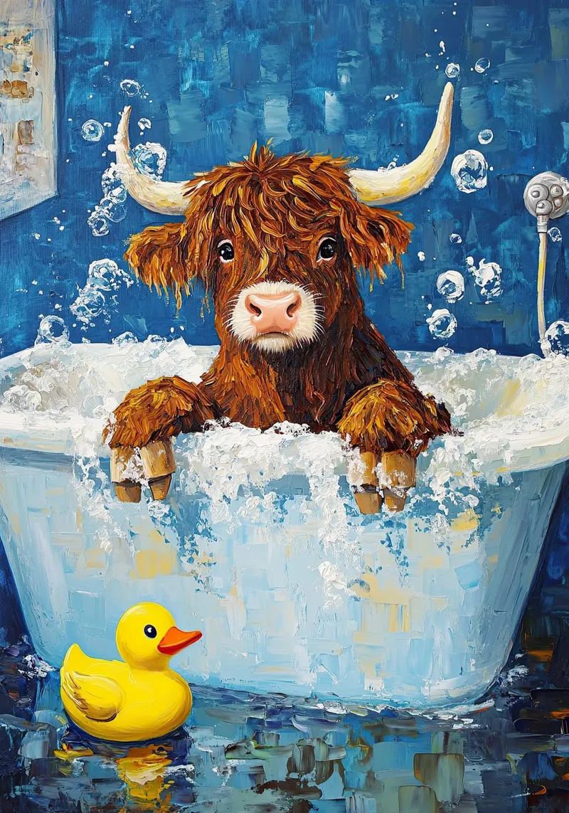 Mucca Highland nella vasca da bagno carta hahnemühle da Nikis Art Studio