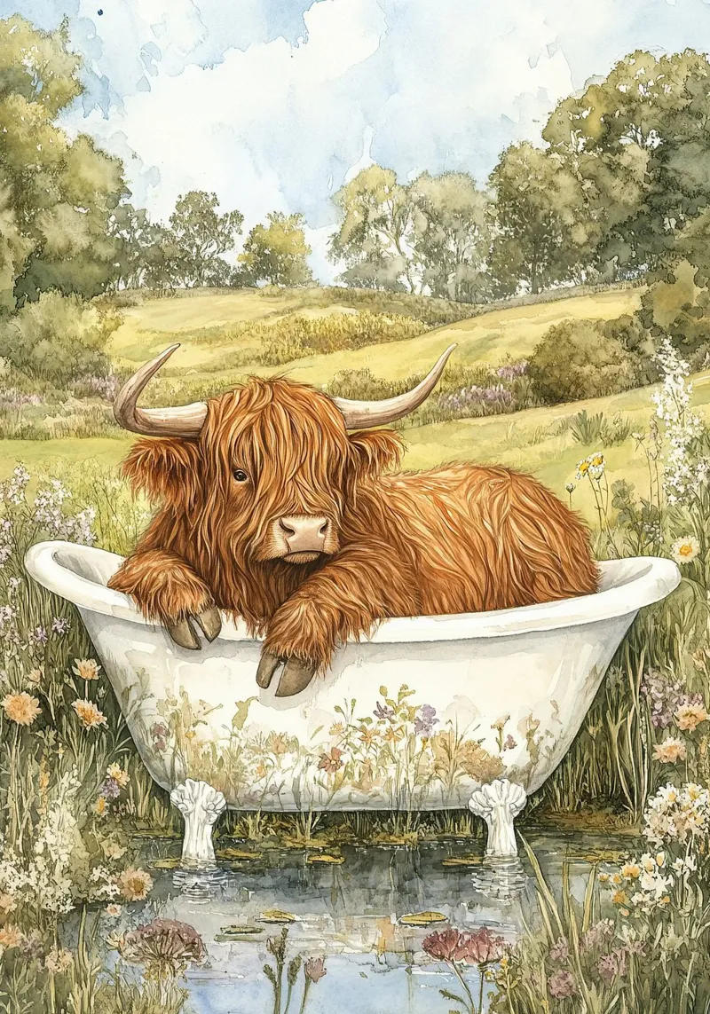 Mucca Highland nella vasca da bagno pellicola backlit da Nikis Art Studio