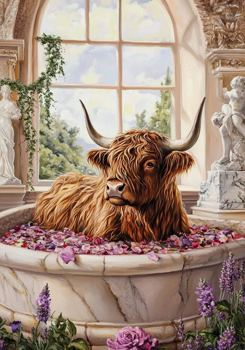 Mucca Highland nella vasca da bagno pellicola backlit da Nikis Art Studio