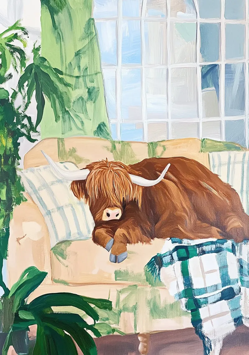 Mucca Highland sul divano pellicola backlit da Nikis Art Studio