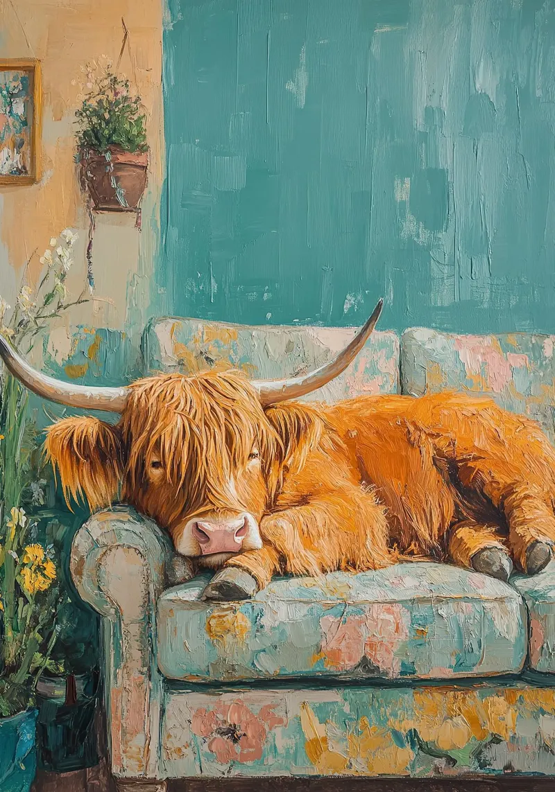 Mucca Highland sul divano pellicola backlit da Nikis Art Studio