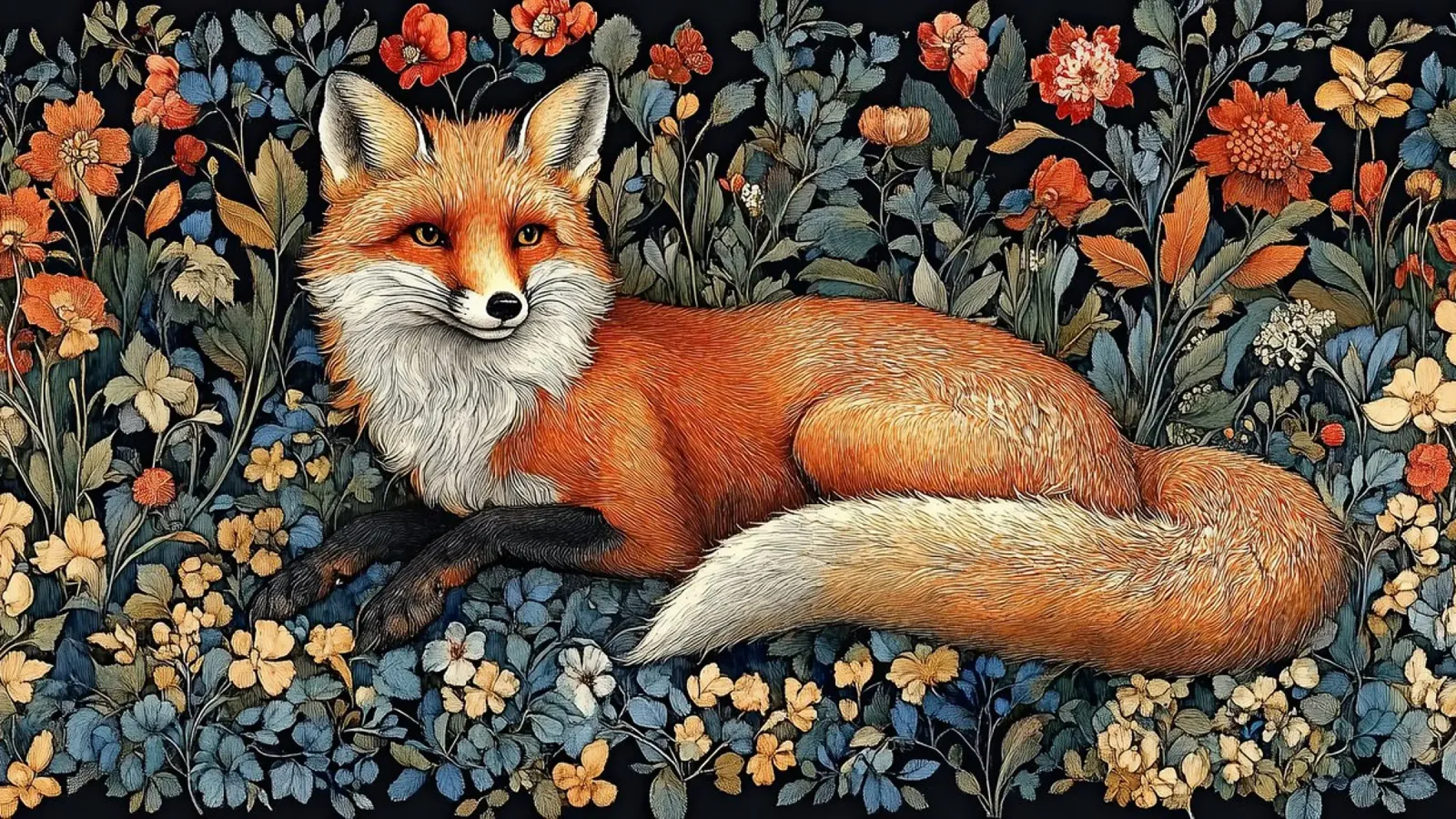William Morris - La magia della volpe nella danza delle foglie poster con telaio in alluminio da Botanical Art Studio