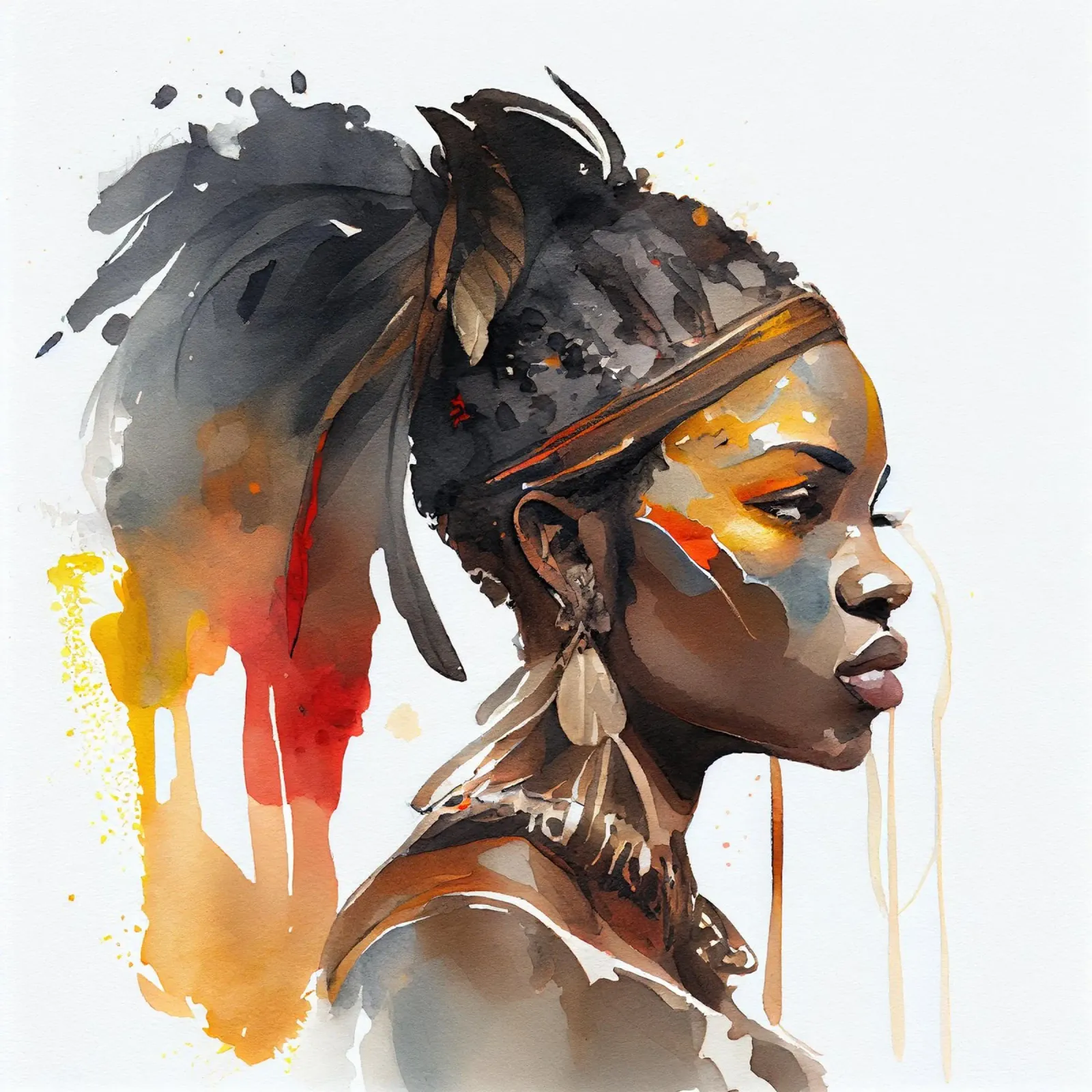 Acquerello Donna guerriera africana poster con telaio in alluminio da Chromatic Fusion Studio