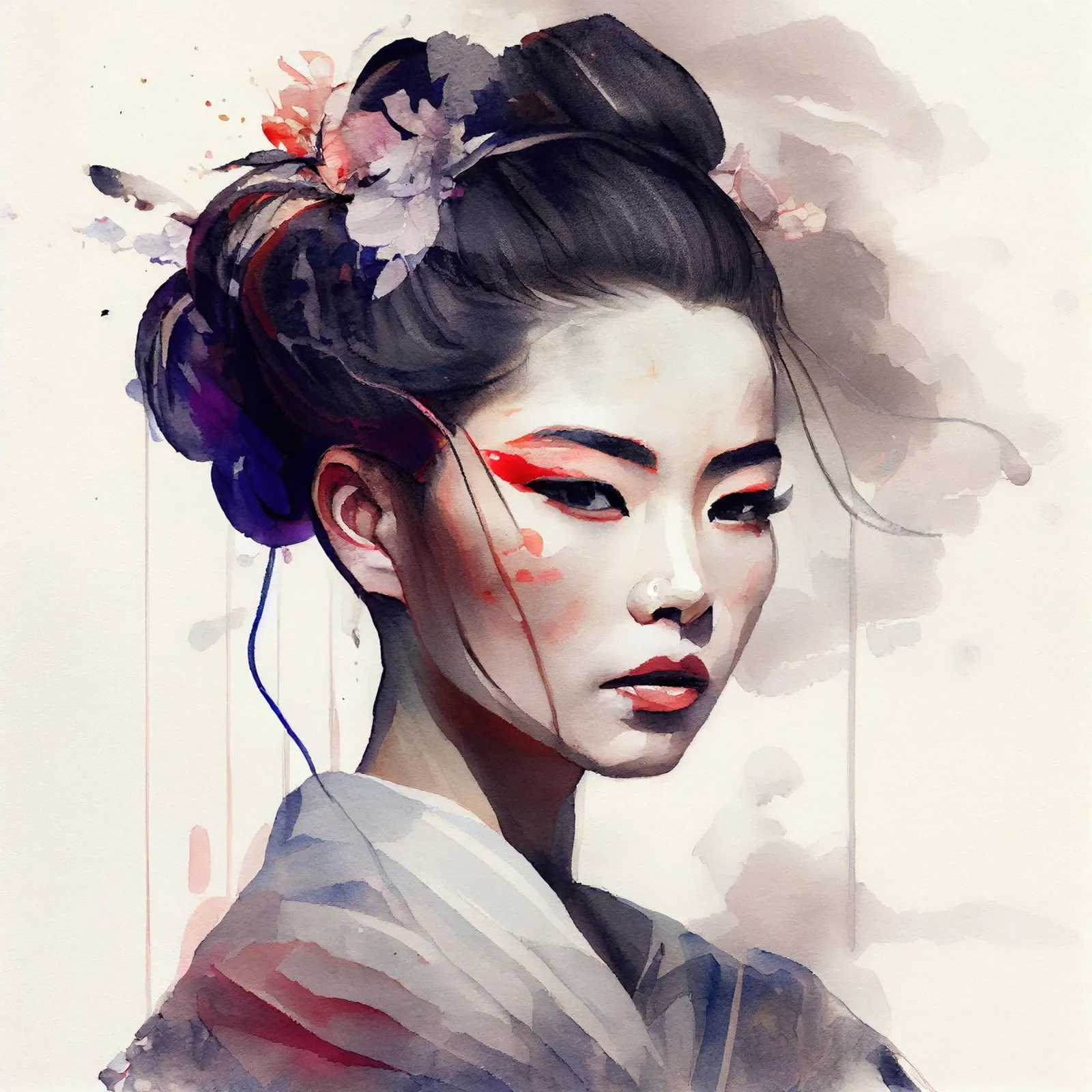 Geisha moderna ad acquerello pellicola backlit da Chromatic Fusion Studio