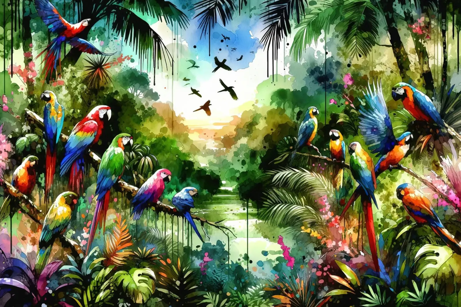 Acquerello Uccelli tropicali nella giungla pellicola backlit da Chromatic Fusion Studio