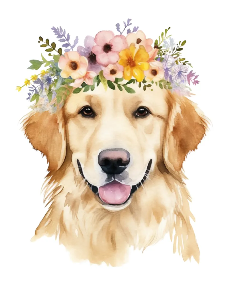 Golden Retriever con corona di fiori, arte da parete per amanti dei cani poster con telaio in plastica da Little Lila