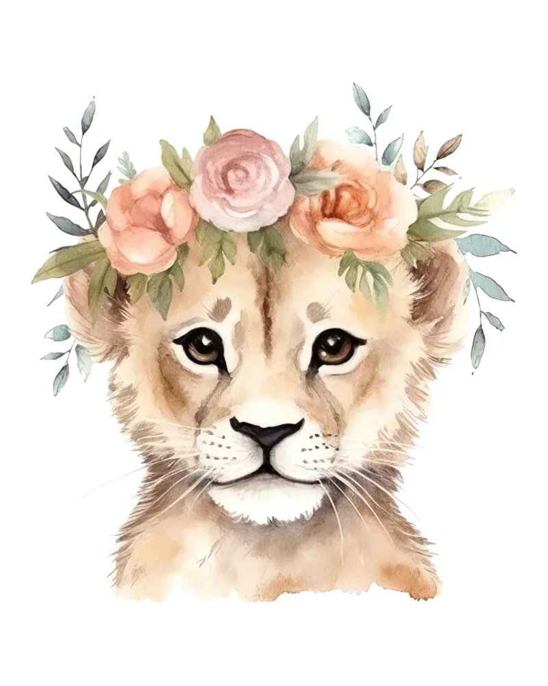 Schattig leeuwenwelpje aquarel illustratie met bloemenkroon canvas van Little Lila