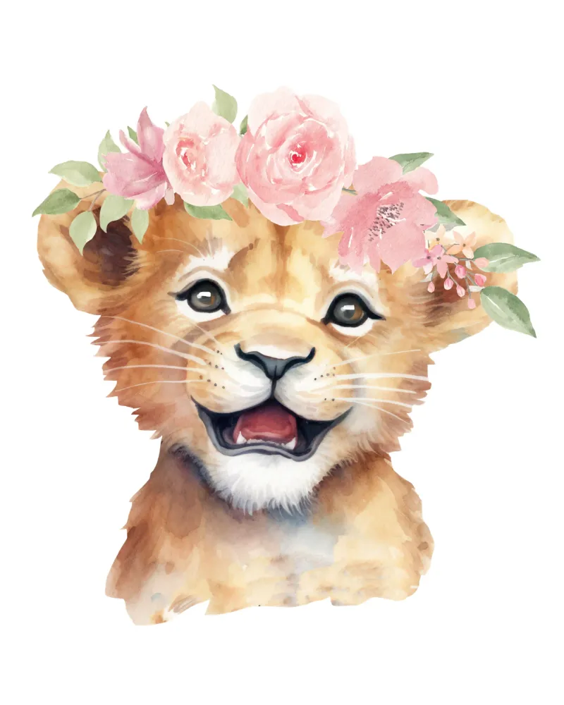 Schattige Leeuwenwelpje Print met Bloemenkroon Schattige Kinderkamer Print canvas van Little Lila