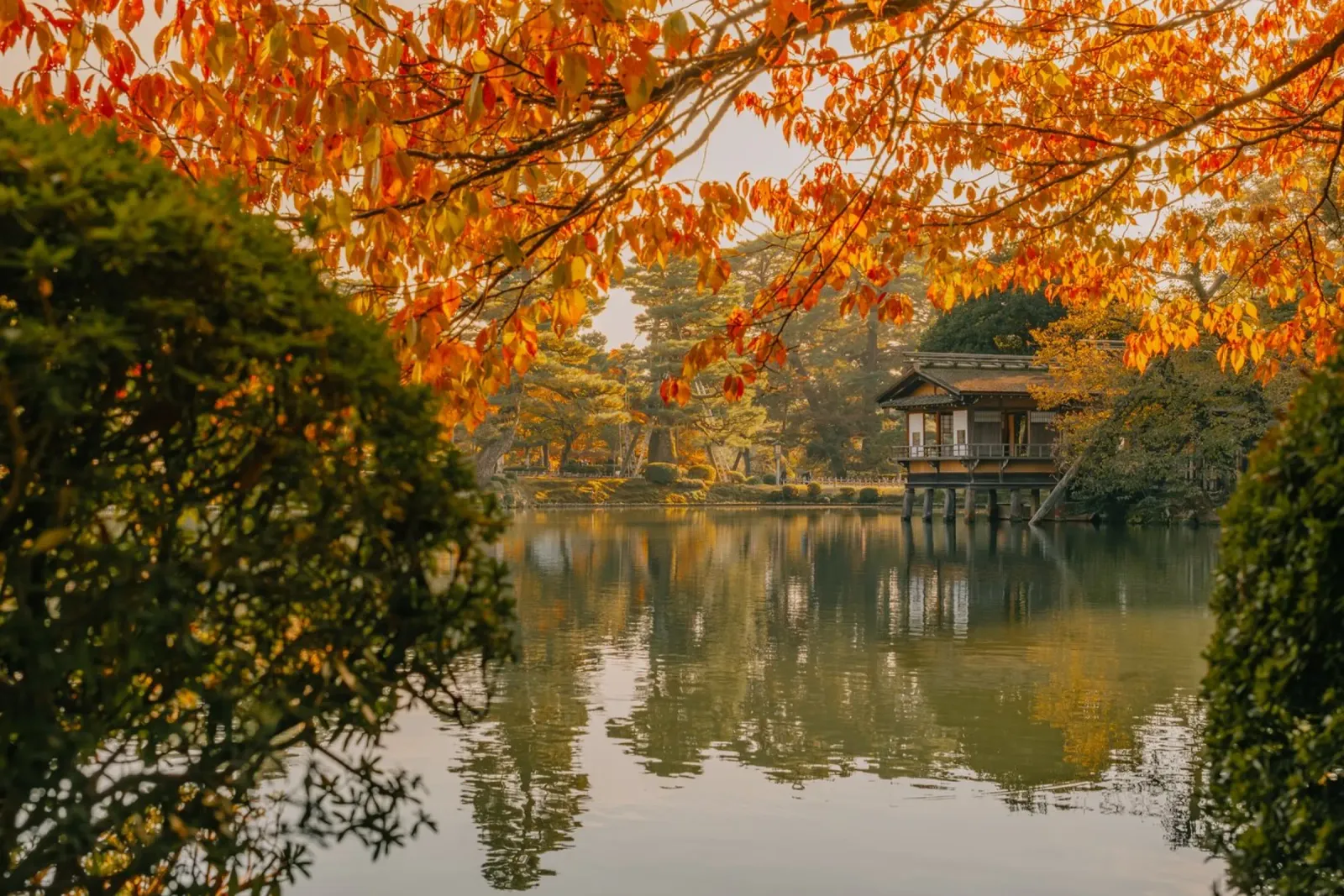 Laghetto giapponese d'autunno a Kanazawa pellicola backlit da Marcel Bisig