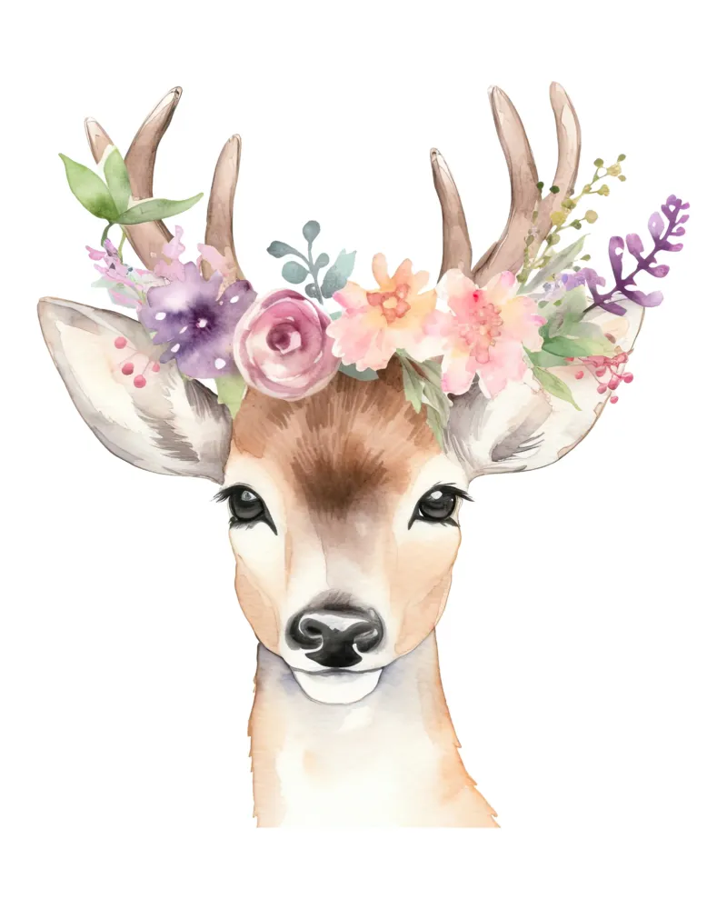 Adorabile illustrazione di cervo con corona di fiori, arte per la camera dei bambini alluminio dibond da Little Lila