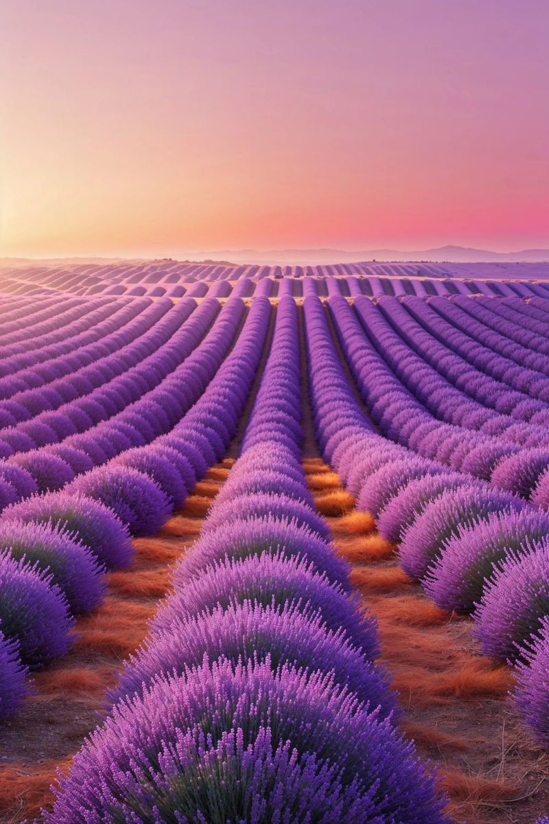 Lavender Dreams: Rows of Violet Under a Gradient Sky Leinwand von AlbertKlee