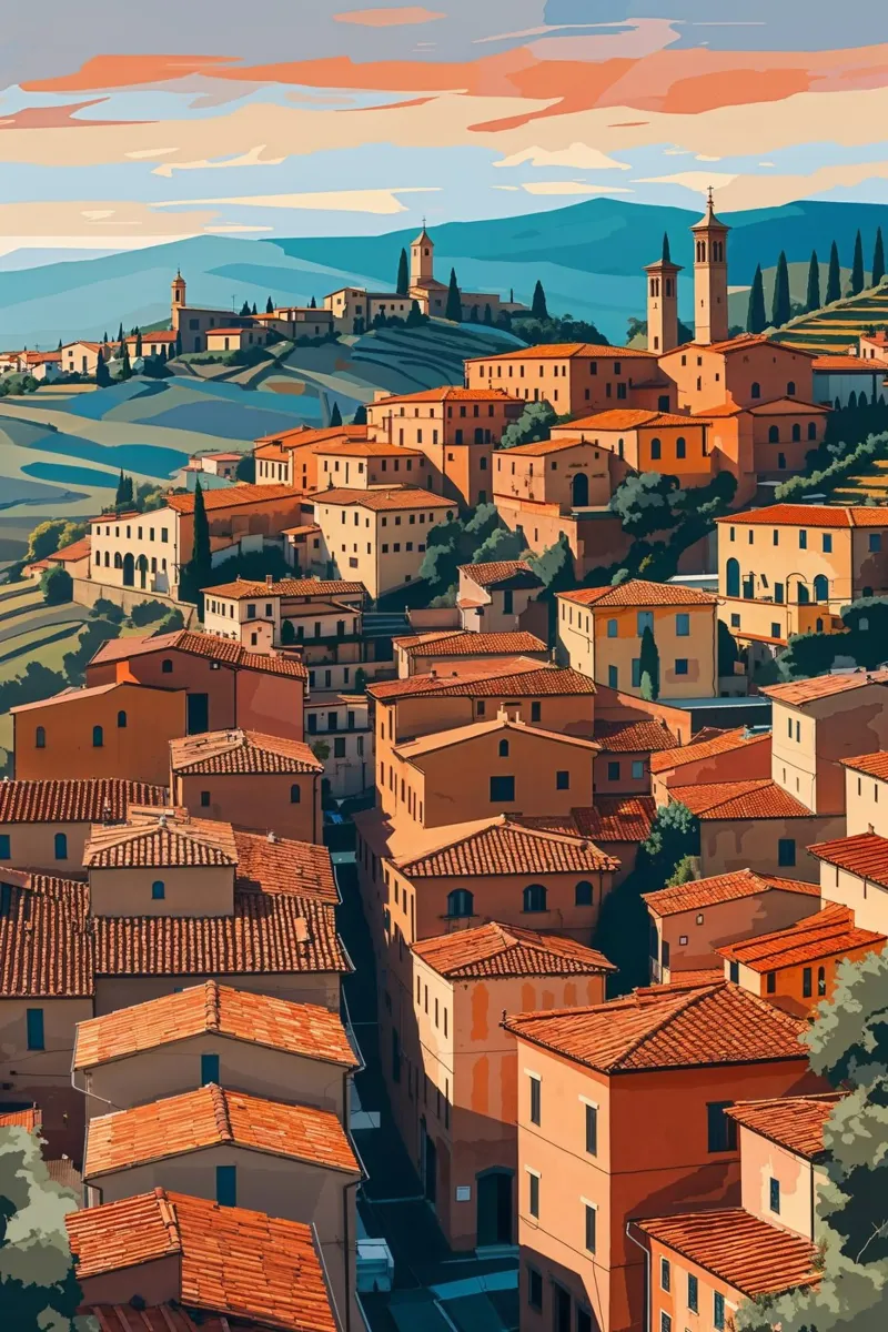 Italian Village in Golden Hour Glow poster con telaio in legno da AlbertKlee