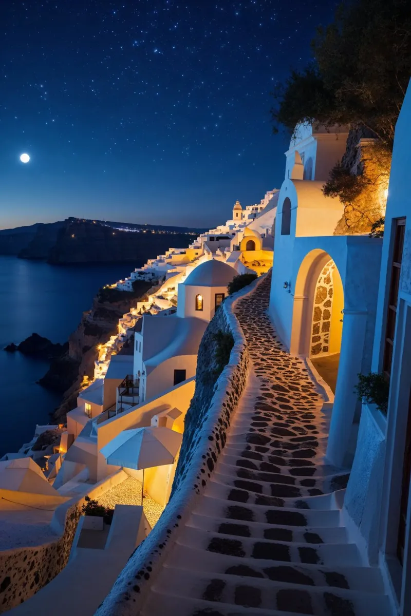 Moonlit Pathways of Santorini Hahnemühle von AlbertKlee