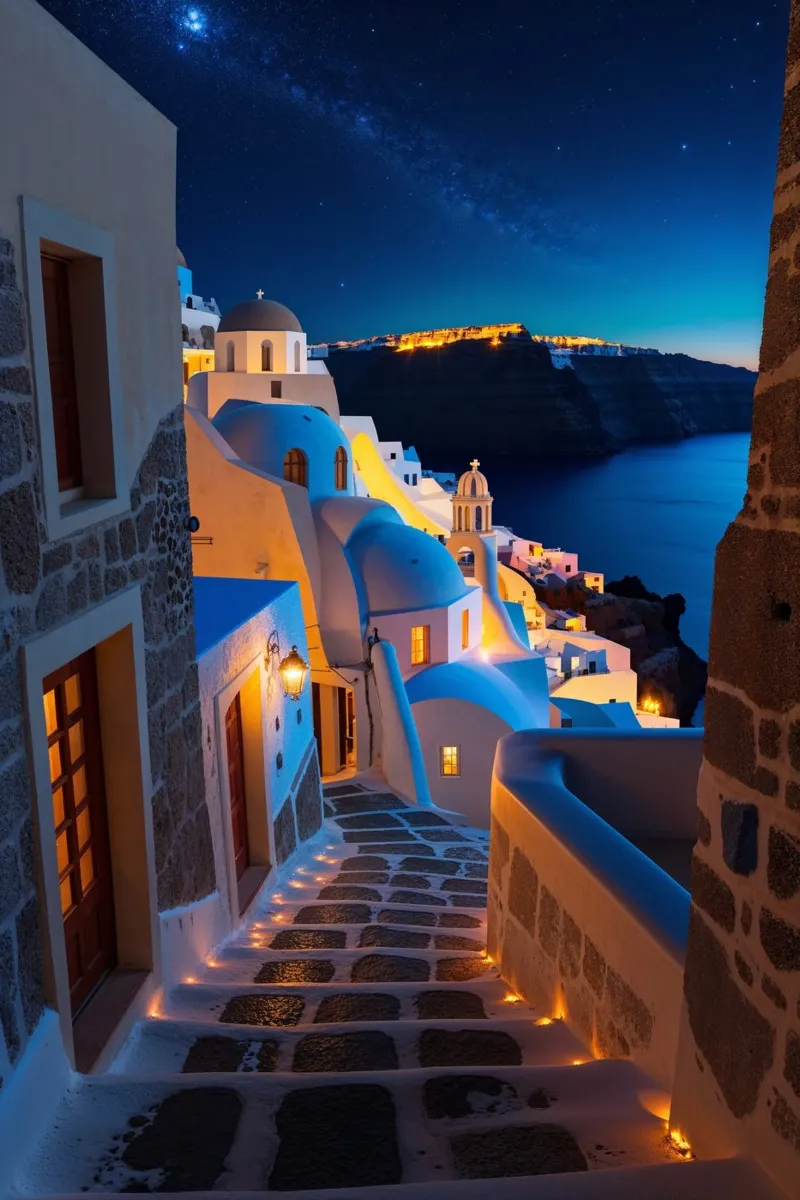 Starlit Beauty of Santorini Streets poster by AlbertKlee