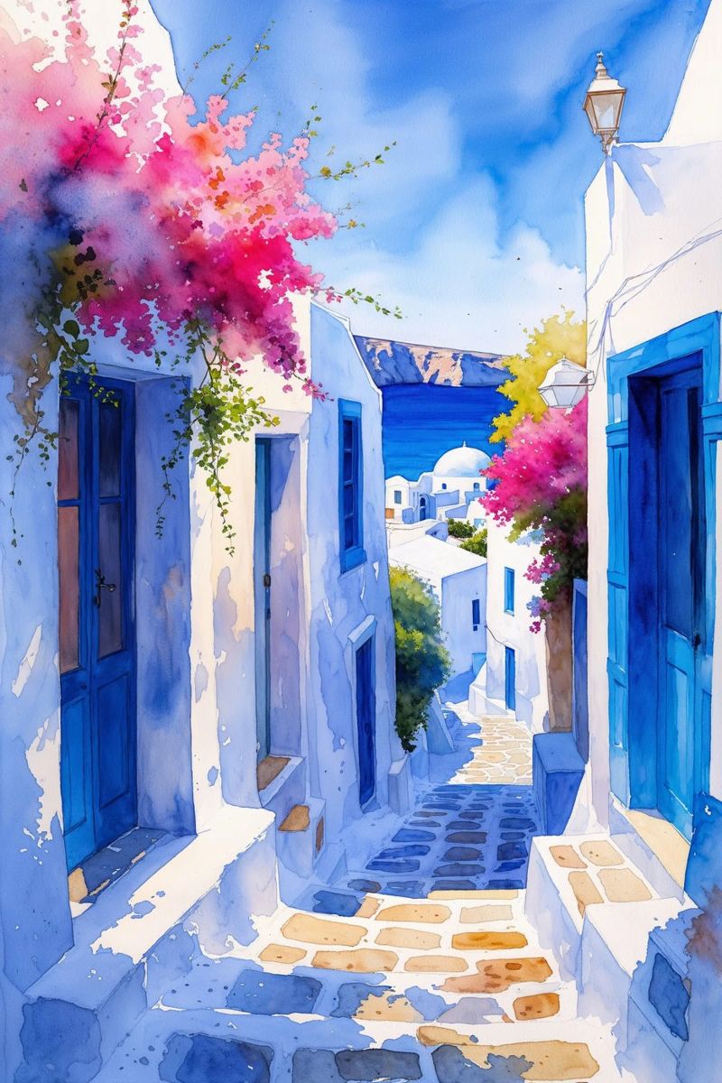 Blooming Bougainvillea in Oia's Lanes Poster von AlbertKlee